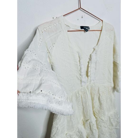 N12H White Cotton Eyelet Pure Peasant Three Quarter Sleeve Poppy Dress XS US 0 - Picture 5 of 16